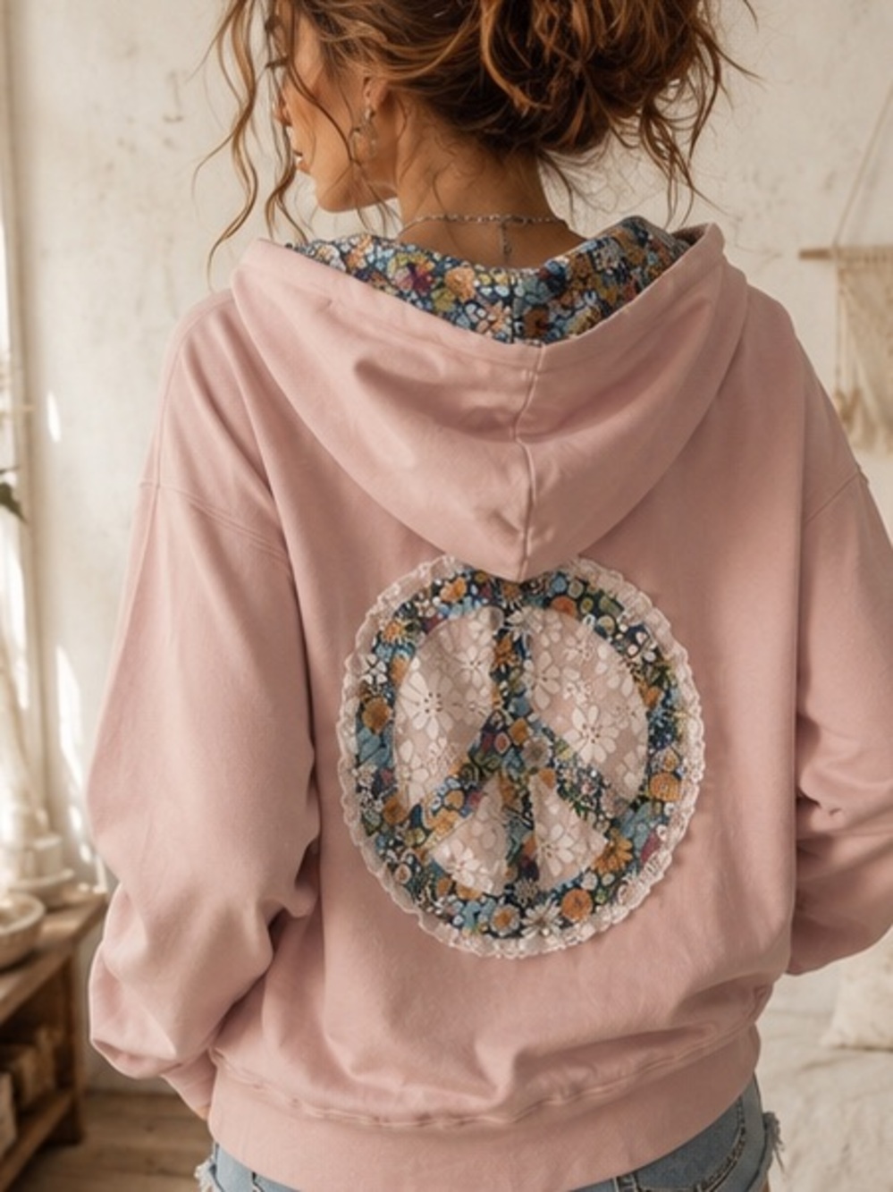 Pink Floral Peace Patch Hoodie | Boho Oversized Pullover Sweatshirt